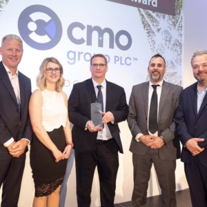 Abby Weeks, Martin Winterburn and Ben Hodson from CMO Group PLC receiving the DIY Week Award 2022 for Business Expansion of the Year